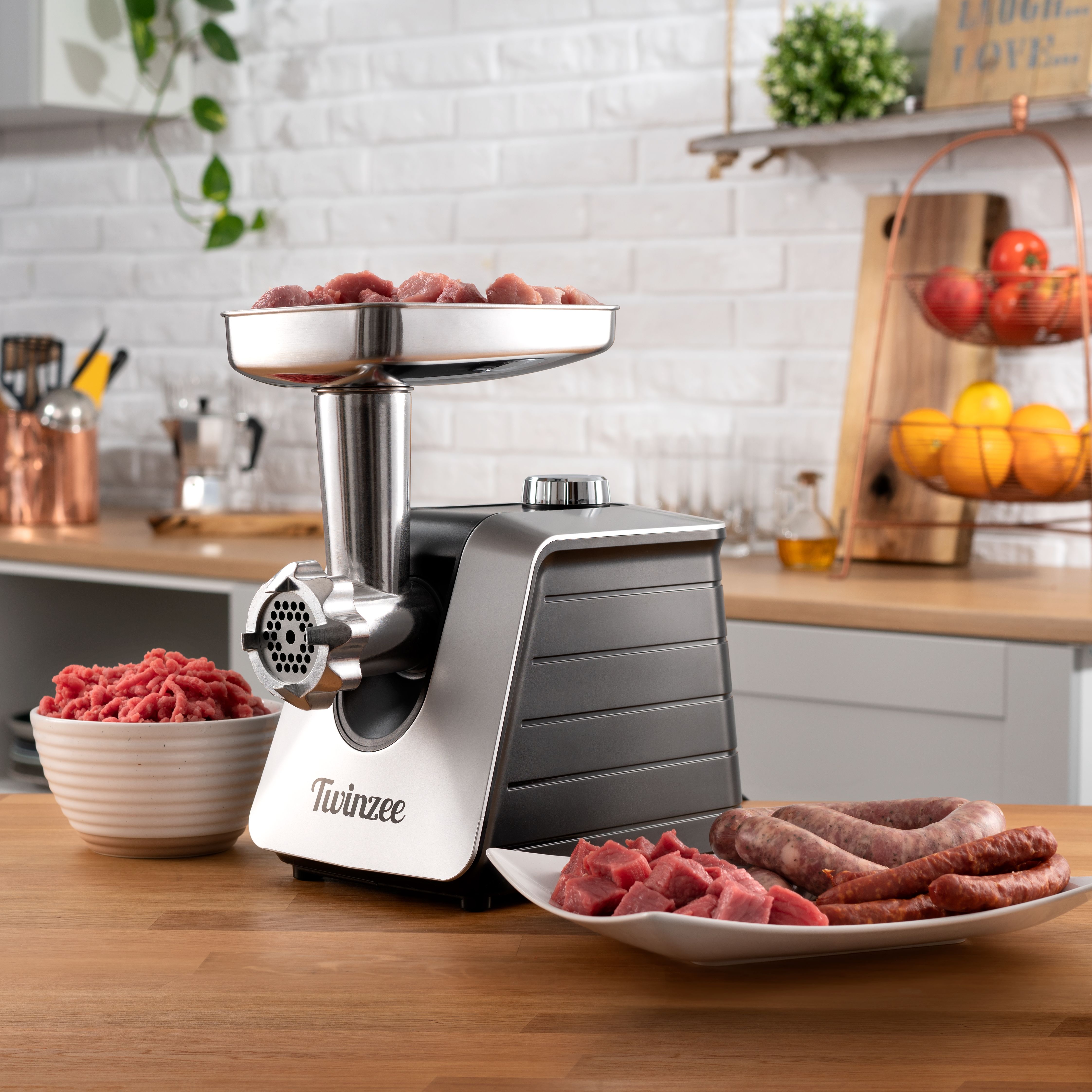 Twinzee Electric Meat Grinder and Sausage Stuffer for Ground Meat (Black) -  Food Processor, Meat Grinder with 3 Metal Blades and 3 Sausage Attachments  - Meat Grinder For Home Use 